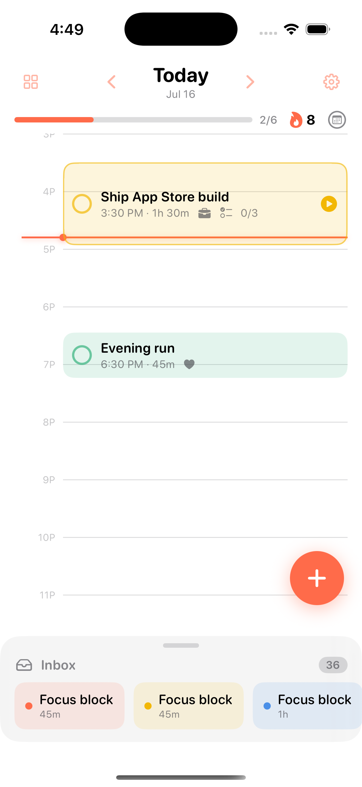 Momentum timeline showing time-blocked tasks